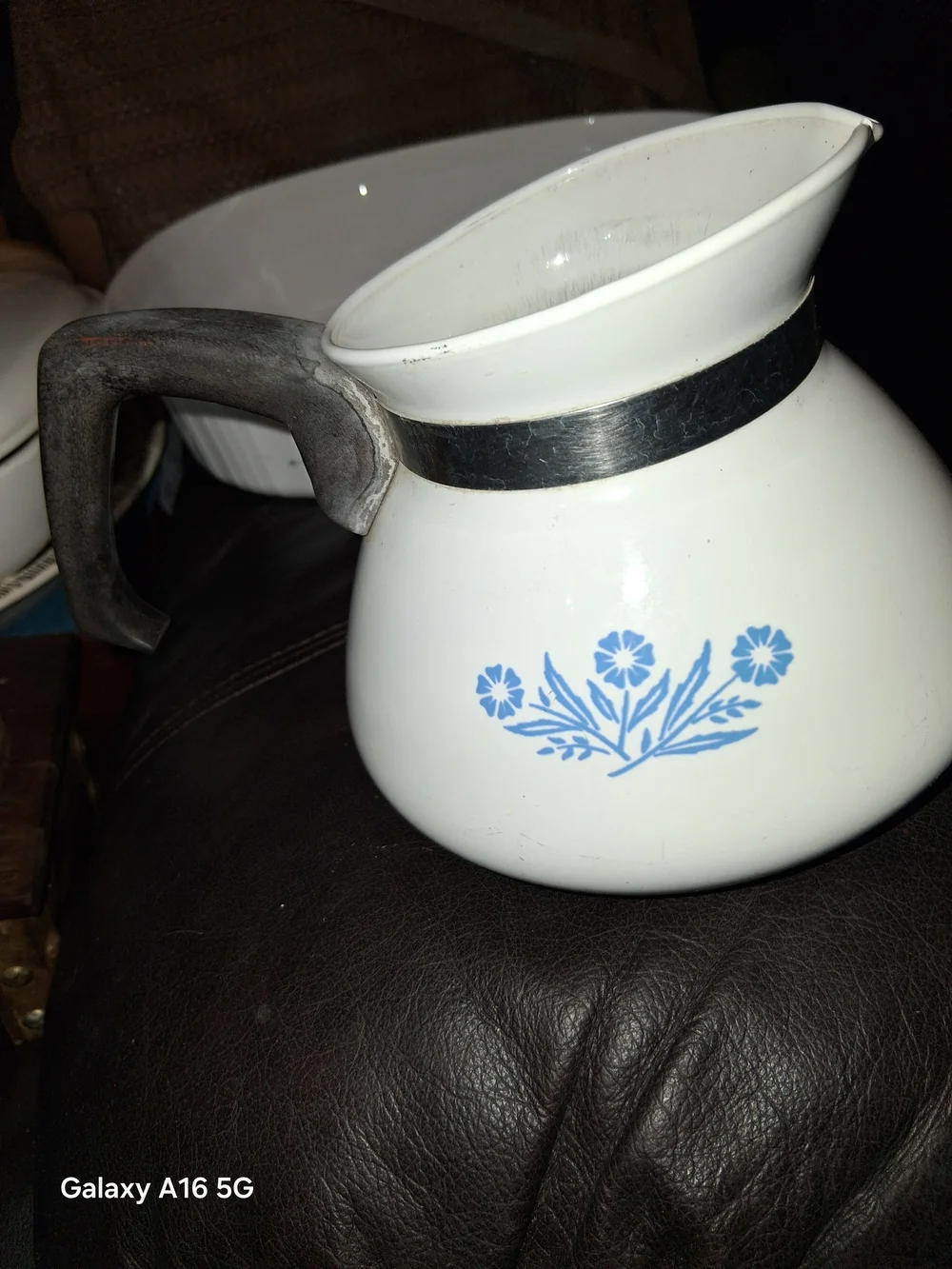 White Enamel Pitcher with Blue Floral Motif - Classic Kitchen Serveware
